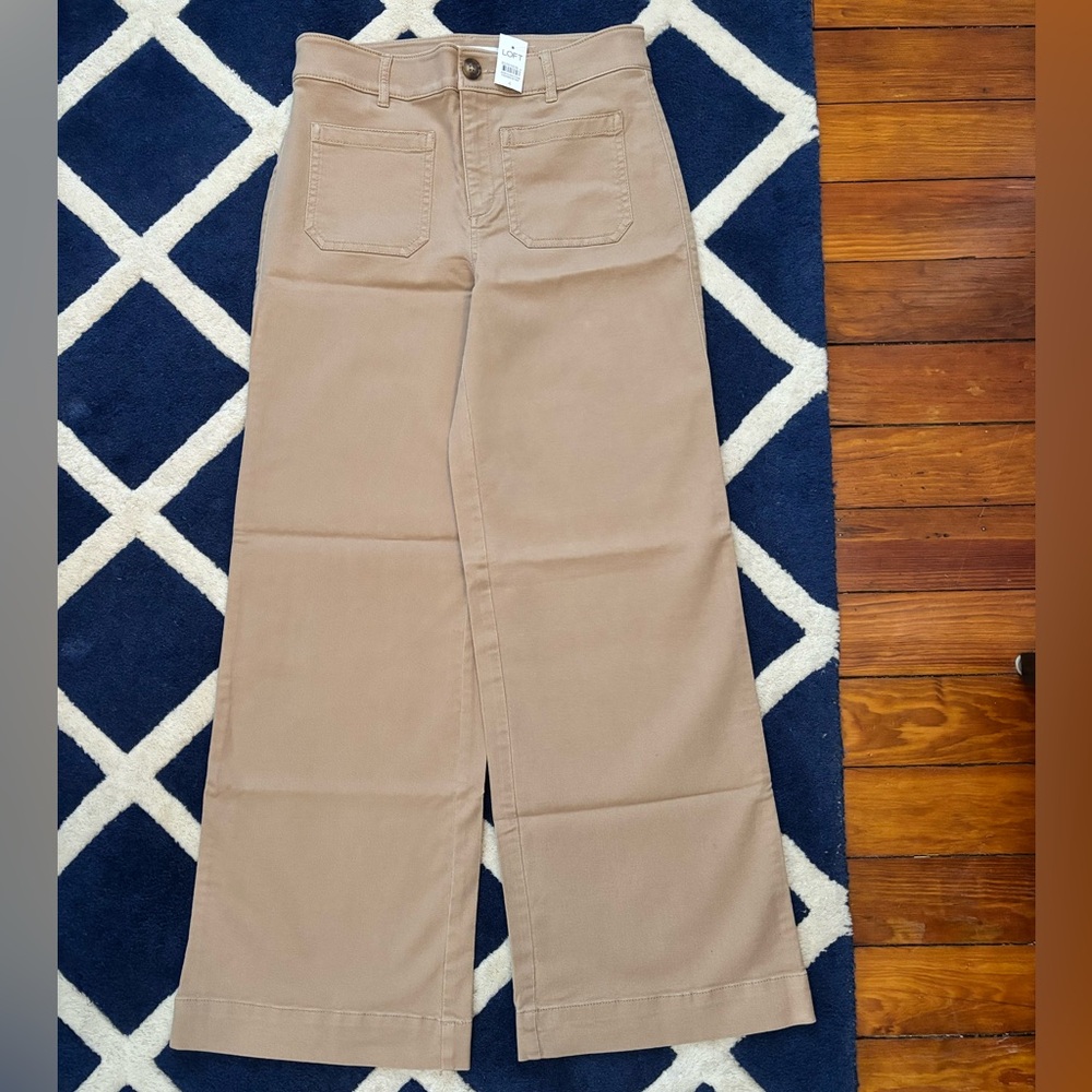 NEW LOFT Palmer Wide Leg Pants 4 Twill Beige Khaki Button Patch Pocket Trousers - Picture 2 of 6